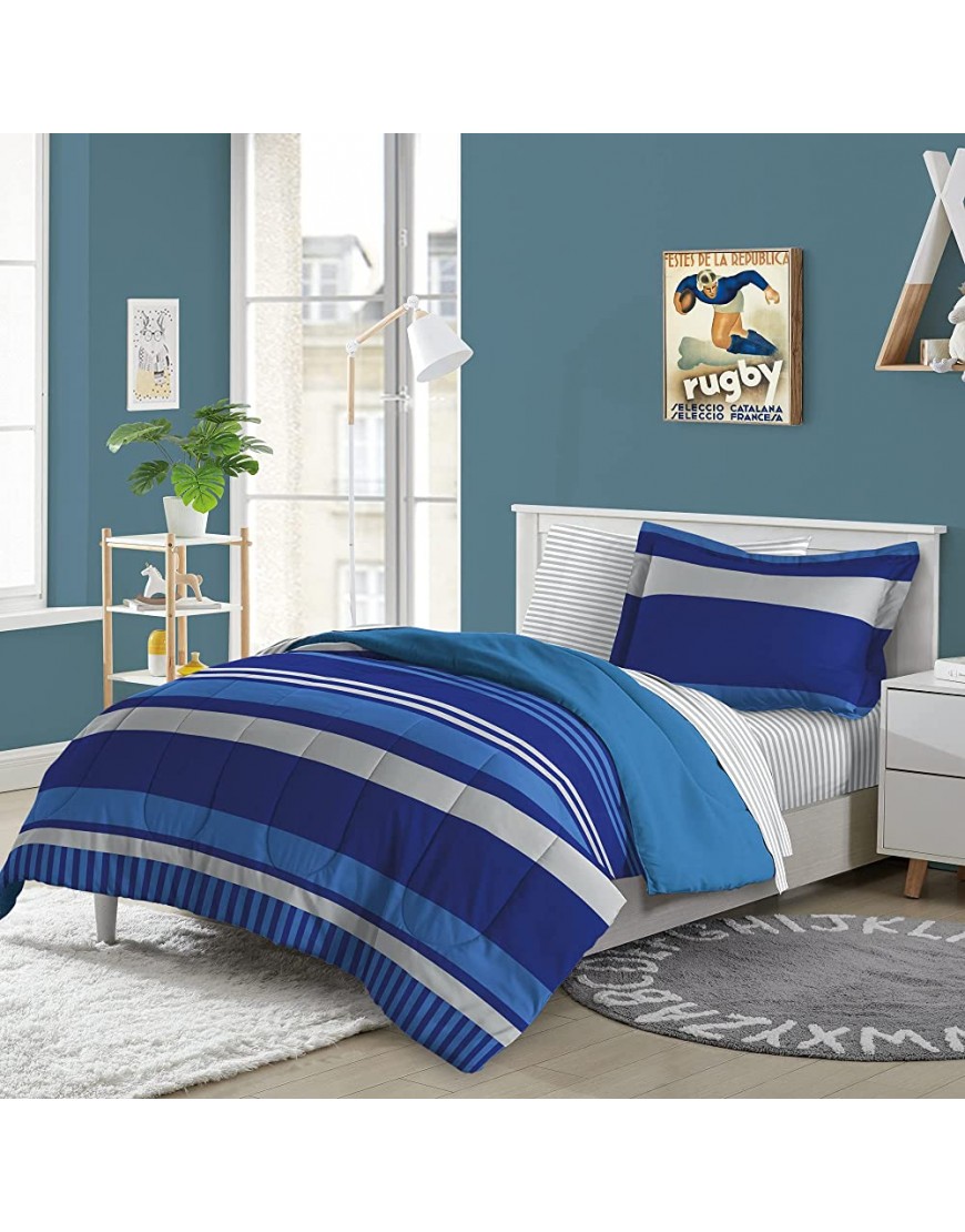 dream FACTORY Kids 5-Piece Complete Bed Set Easy-Wash Super Soft Microfiber Comforter Bedding Twin Blue Rugby Stripe 2D872701BL - B89Y5PY62