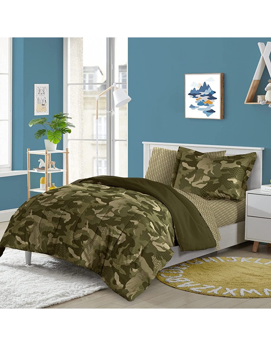 Dream Factory Kids 5-Piece Complete Set Easy-Wash Comforter Bedding Green Geo Camo Twin - BTZSQPLHH