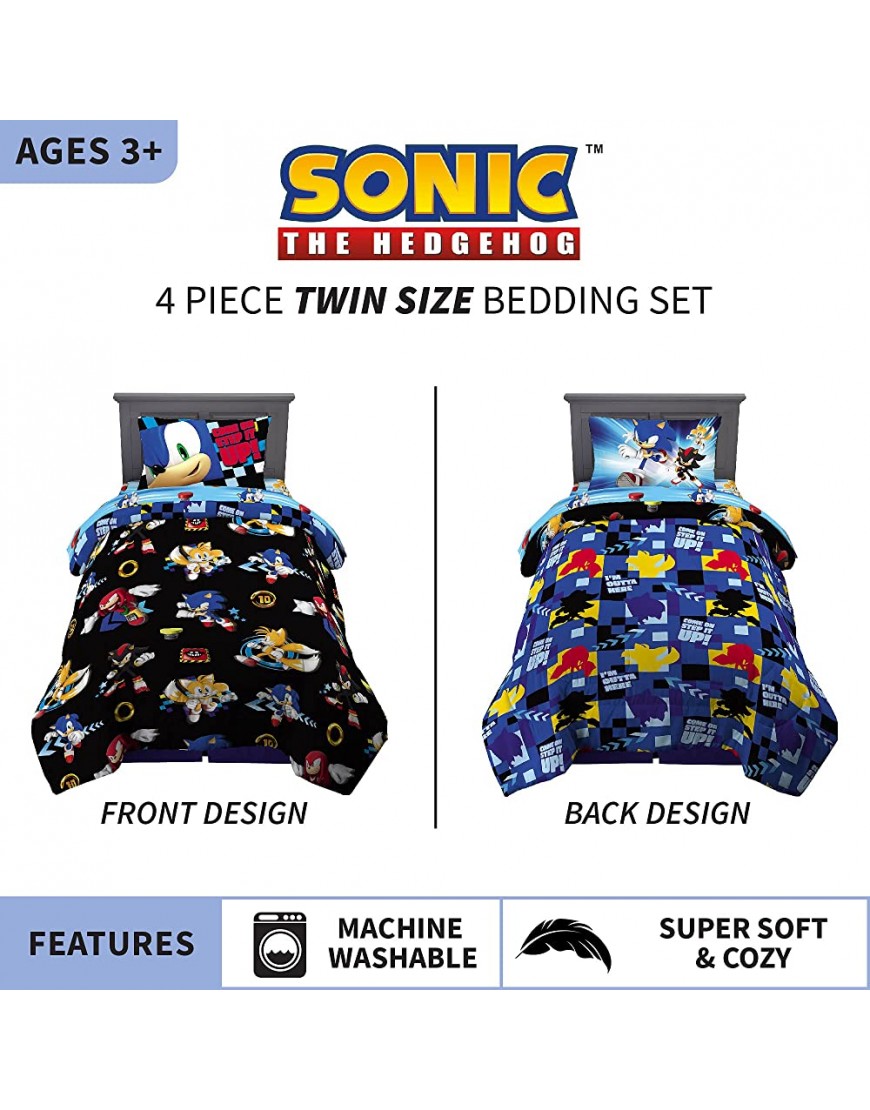 Franco Kids Bedding Super Soft Comforter and Sheet Set 4 Piece Twin Size Sonic the Hedgehog - B4GVTI3NF