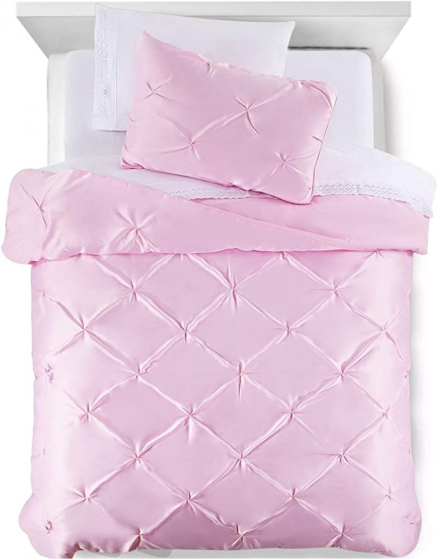 Girl Baby Pink Comforter Set Twin Size Kids Comforter Set Silky Soft 2 Pcs Bed Set for Kid Women Pinch Pleat Pintuck Diamond Pattern Bedding for Teen Girls Bedroom with 1 Comforter& 1 Pillow Shams - BJHYYVMZP
