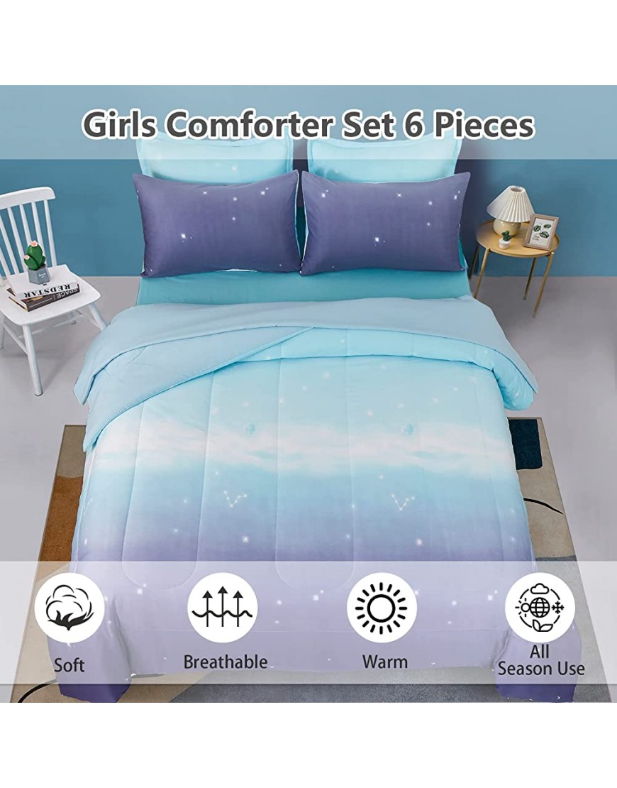 Girls Comforter Set Twin Size 6 Pieces Bed in A Bag Colorful Ombre Blue Purple Rainbow Bedding Set Collections for Kid Teen 1 Comforter 1 Flat Sheet 1 Fitted Sheet 1 Pillow sham 2 Pillowcases - B805F3HXL