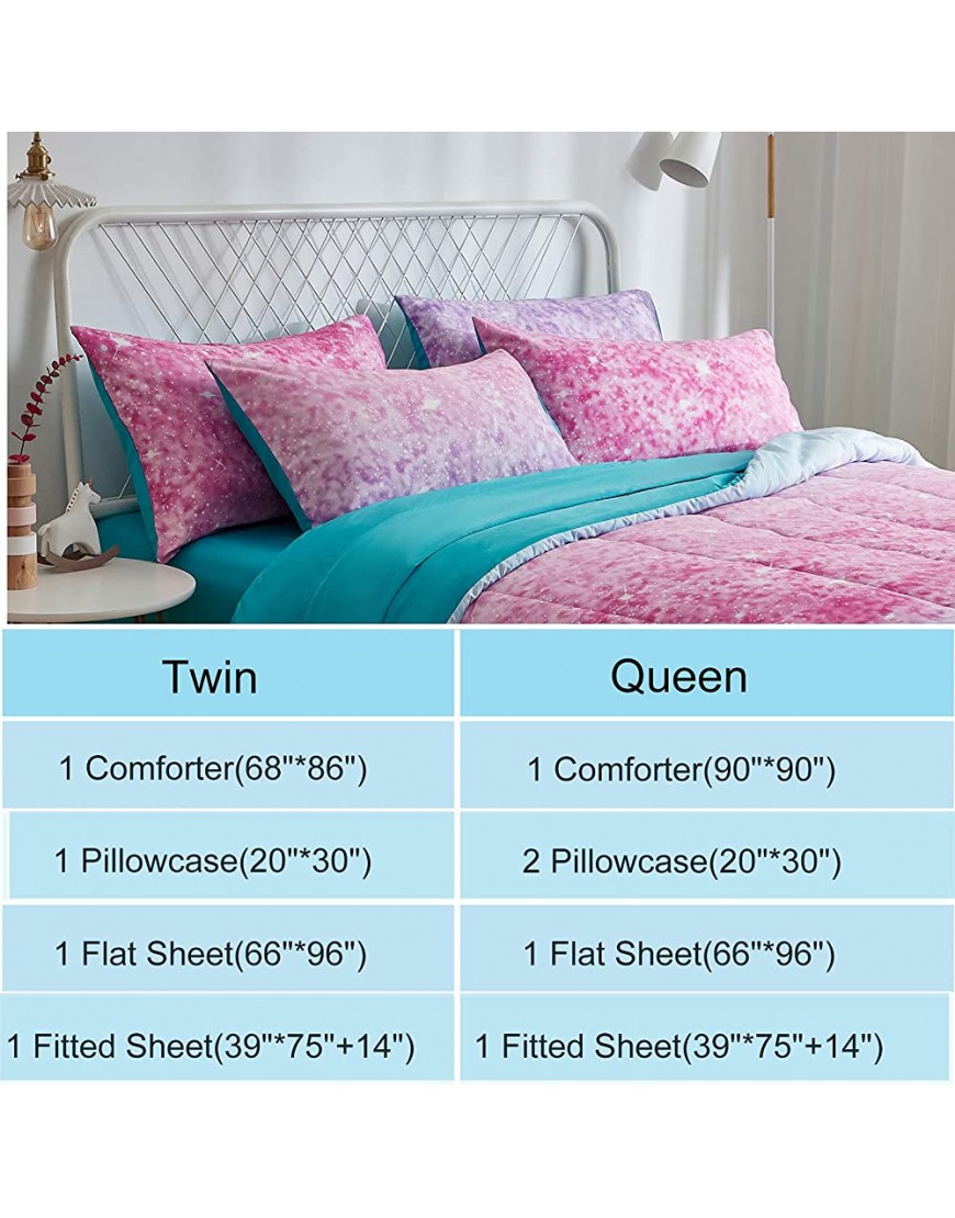 INRON Pink Glitter Comforter Sets for Girls Women,Full Queen Size 5-Pieces Bed in a Bag Ultra Soft Microfiber Comforter and Sheet Sets All Season Durable Bedding SetColorful,Full Queen - B5VQWBAEP