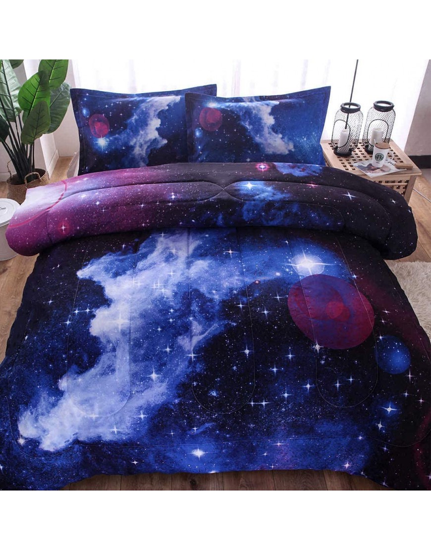 JQinHome Twin Galaxy Comforter Sets Blanket 3D Outer Space Themed Bedding All-Season Reversible Quilted Duvet for Children Boy Girl Teen Kids Includes 1 Comforter 1 Pillow Sham Dark Blue - BH7RNM61H