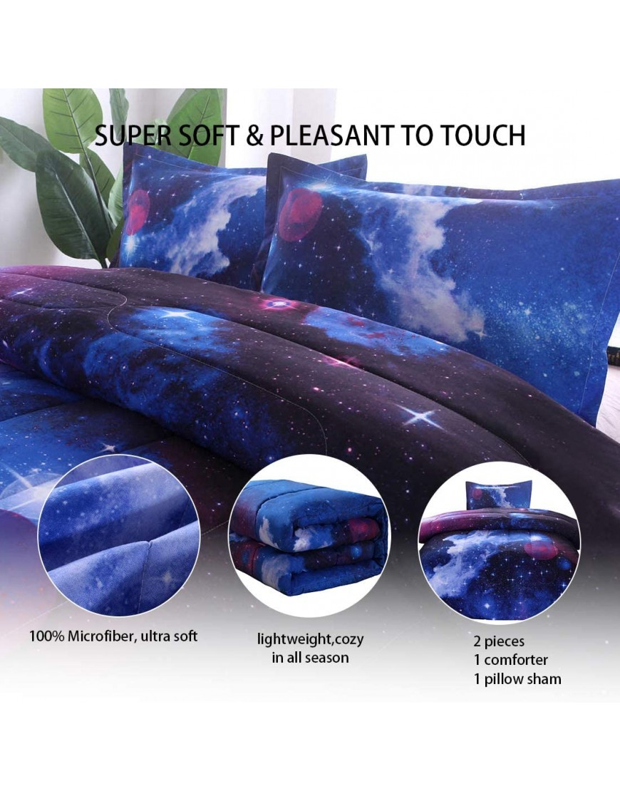 JQinHome Twin Galaxy Comforter Sets Blanket 3D Outer Space Themed Bedding All-Season Reversible Quilted Duvet for Children Boy Girl Teen Kids Includes 1 Comforter 1 Pillow Sham Dark Blue - BRF0ZA91Q