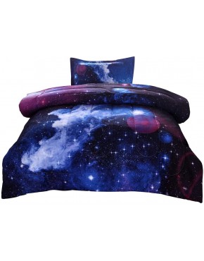 JQinHome Twin Galaxy Comforter Sets Blanket 3D Outer Space Themed Bedding All-Season Reversible Quilted Duvet for Children Boy Girl Teen Kids Includes 1 Comforter 1 Pillow Sham Dark Blue - BH7RNM61H