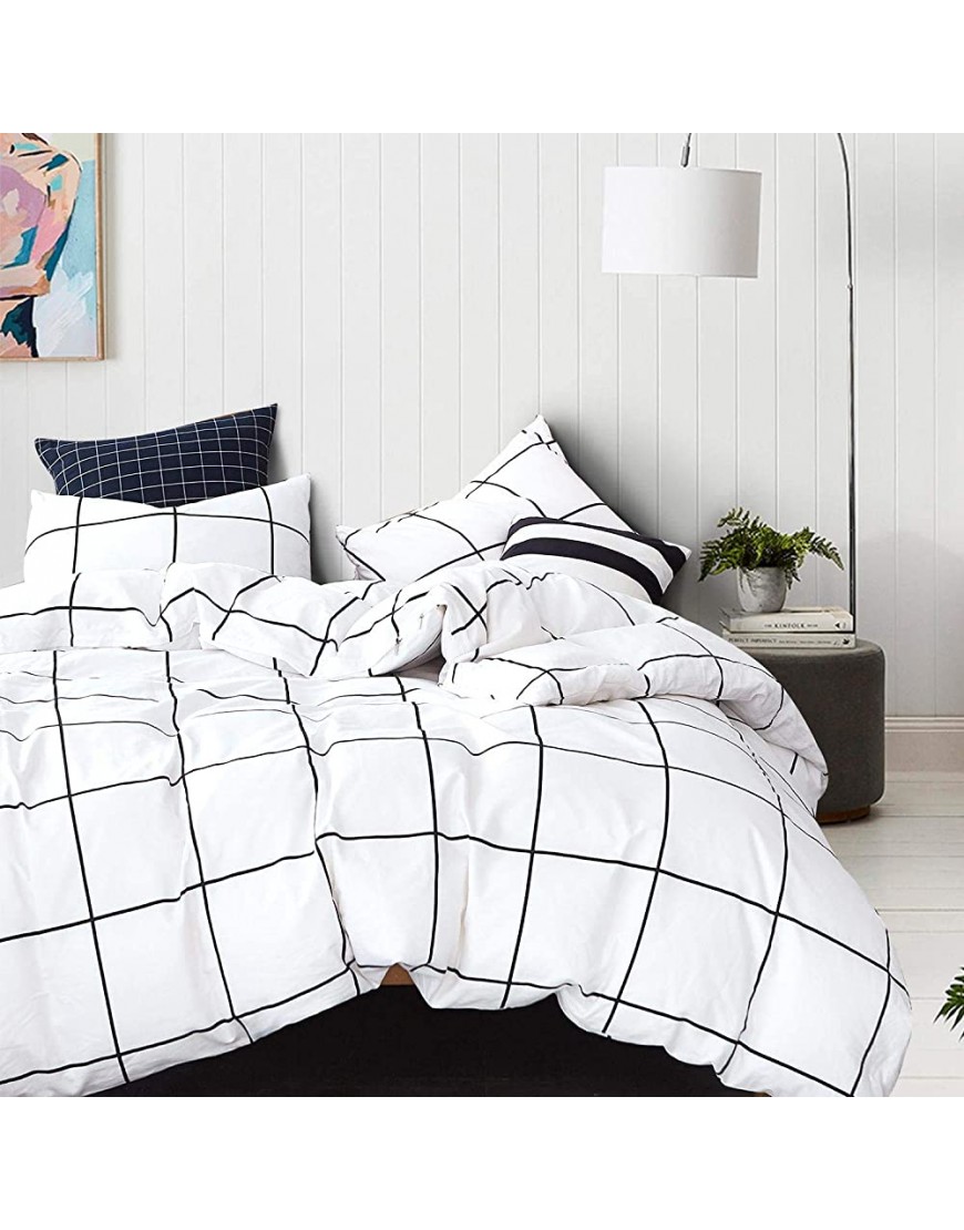 karever White Grid Comforter Set Big Grid Bedding Set Queen Cotton White with Black Plaid Printed Stripes Pattern Down Women Checkered Comforters Bedding Set for Adult White Blanket3pcs Queen Size - BU1MBJYTS