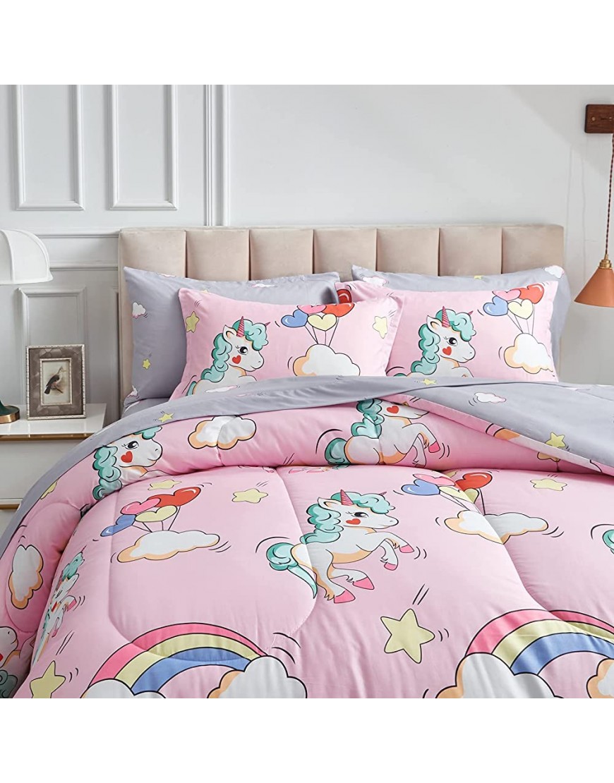 Kids Girls Bed in a Bag 7 Pieces Queen Size Unicorn Pink Comforter Set 1 Soft Microfiber Reversible Comforter 2 Pillow Shams 1 Flat Sheet 1 Fitted Sheet 2 Pillowcases - B446TG2YU