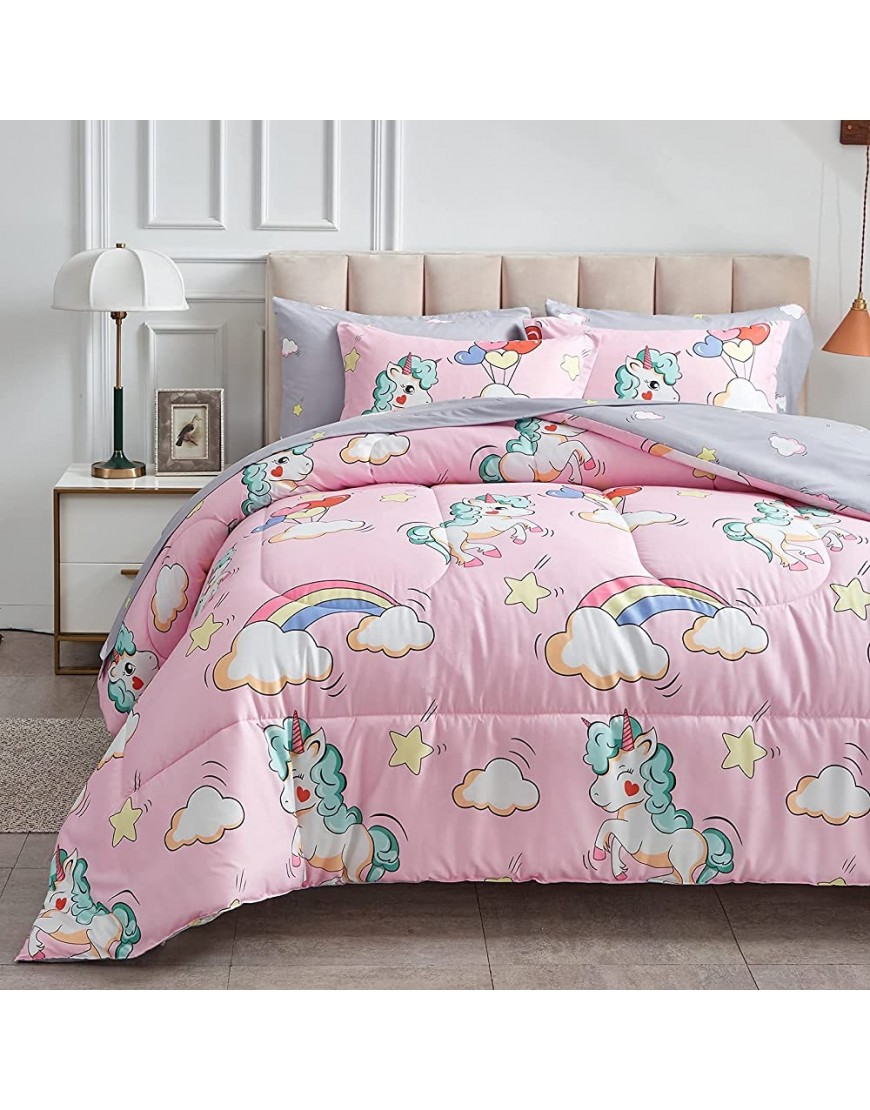 Kids Girls Bed in a Bag 7 Pieces Queen Size Unicorn Pink Comforter Set 1 Soft Microfiber Reversible Comforter 2 Pillow Shams 1 Flat Sheet 1 Fitted Sheet 2 Pillowcases - BGT2X6JNS