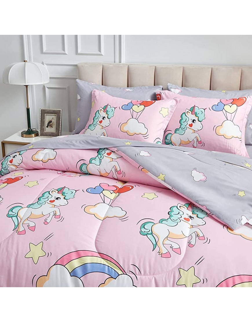 Kids Girls Bed in a Bag 7 Pieces Queen Size Unicorn Pink Comforter Set 1 Soft Microfiber Reversible Comforter 2 Pillow Shams 1 Flat Sheet 1 Fitted Sheet 2 Pillowcases - BGT2X6JNS