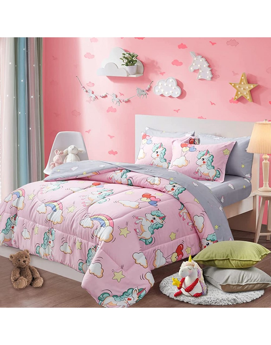 Kids Girls Bed in a Bag 7 Pieces Queen Size Unicorn Pink Comforter Set 1 Soft Microfiber Reversible Comforter 2 Pillow Shams 1 Flat Sheet 1 Fitted Sheet 2 Pillowcases - B446TG2YU