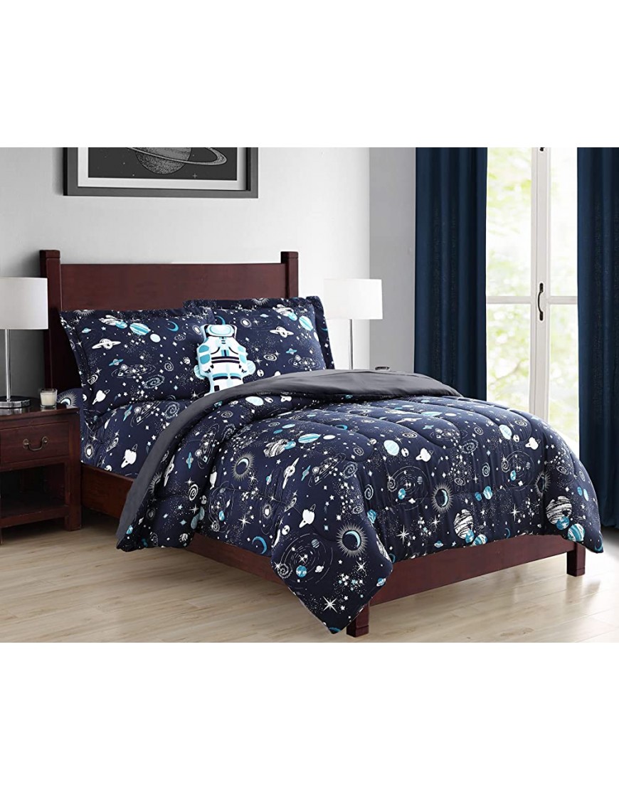 LinenTopia 6 Piece Twin Size Boys Kids Teens Comforter Set Bed in Bag Shams Sheet Set & Decorative Toy Pillow Kids Comforter Bedding w Sheets Planets Outer Space Navy BlueTwin 6pc Space Navy - BN958O0G6