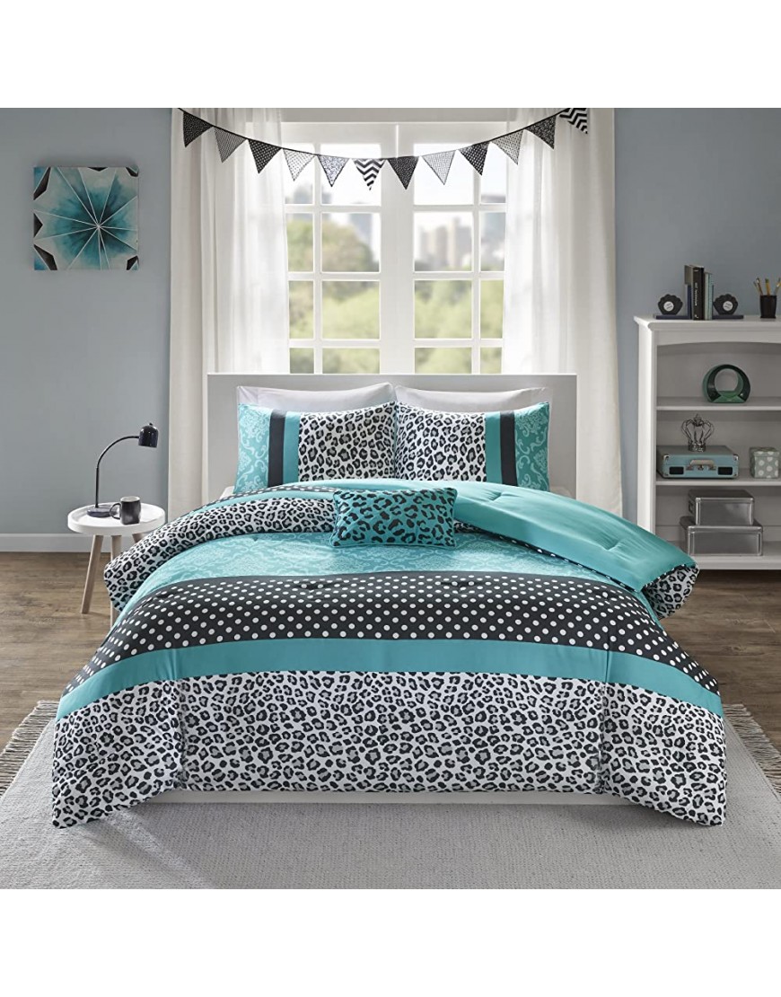 Mi Zone Kids Comforter Set Fun Bedroom Décor Modern All Season Polka Dot Print Vibrant Color Cozy Bedding Layer Matching Sham Decorative Pillow Full Queen Leopard Teal 4 Piece - BTRZ53NFK