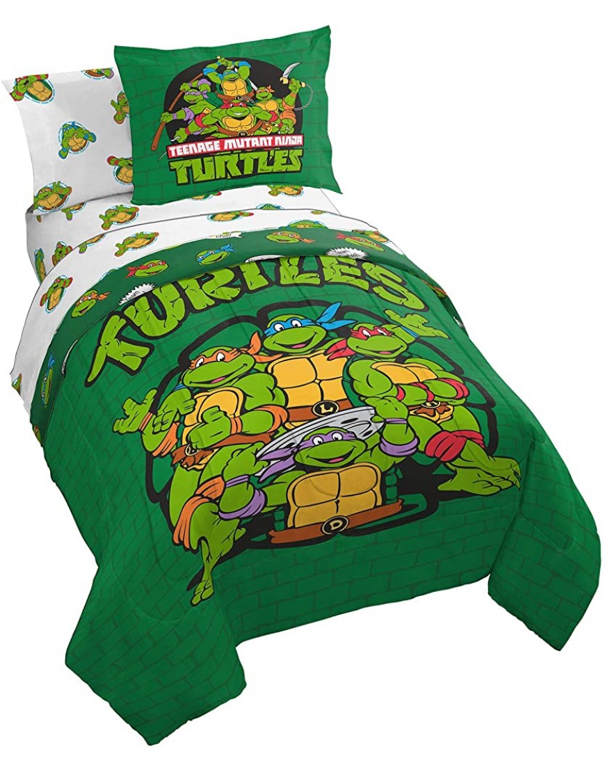 Nickelodeon Teenage Mutant Ninja Turtles Green Bricks 5 Piece Twin Bed Set Includes Reversible Comforter & Sheet Set Bedding Super Soft Fade Resistant Microfiber Official Nickelodeon Product - BWRLNETTL