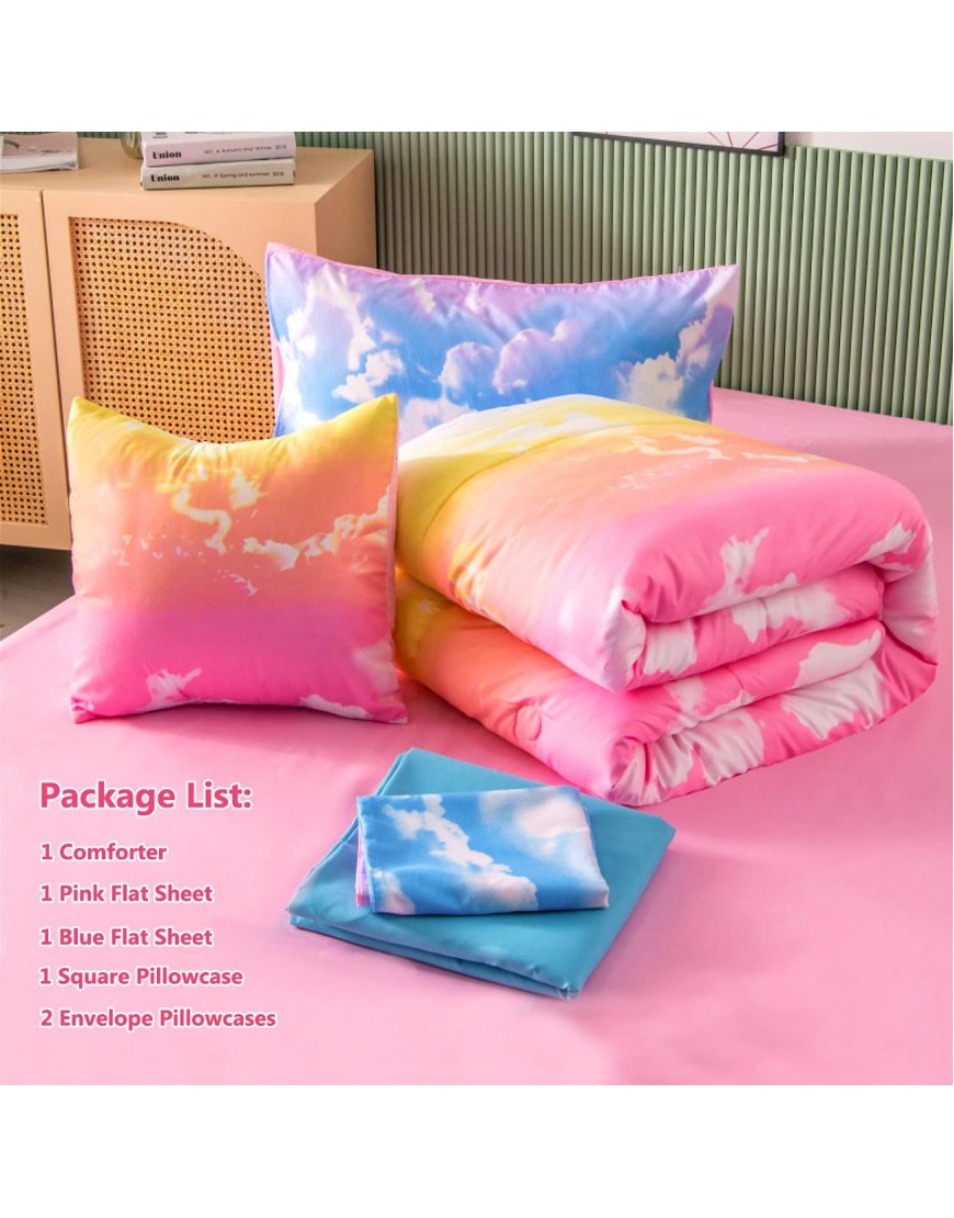 PERFEMET 6 Pieces Rainbow Comforter Sets Twin Size Blue Sky and White Cloud Printed Bed in A Bag for Teens Girls Super Soft Lightweight Bedding Comforter with Sheets Set - B9KOV0VHS
