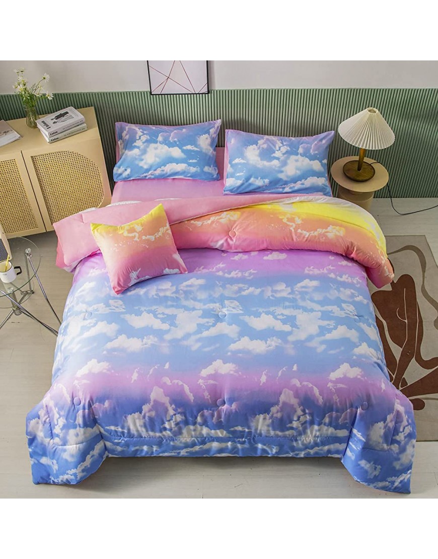 PERFEMET 6 Pieces Rainbow Comforter Sets Twin Size Blue Sky and White Cloud Printed Bed in A Bag for Teens Girls Super Soft Lightweight Bedding Comforter with Sheets Set - B9KOV0VHS
