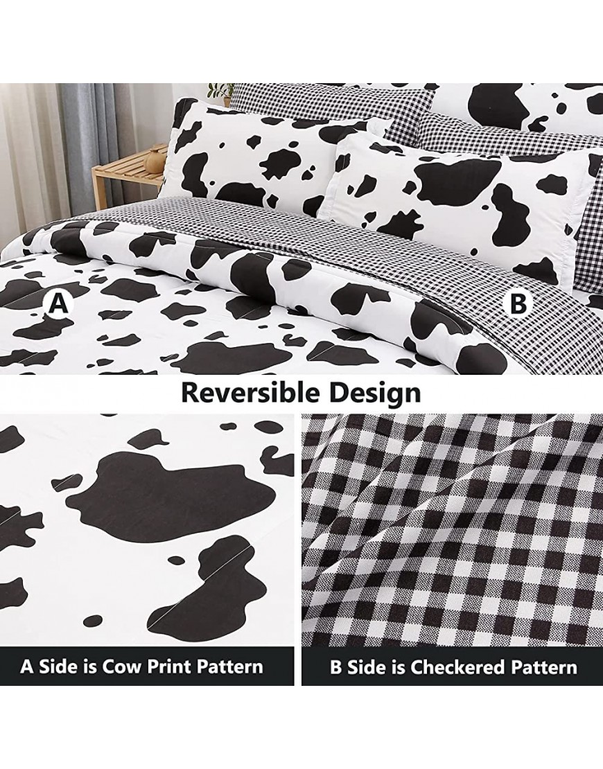 PERFEMET Cow Print Bedding Comforter Set Queen Size Black and White Reversible Geometric Checkered Bedding Set for Kids Teens Boys Girls Rustic Animal Cowhide Pattern Bed Quilt Set - BOQ6DMS4V