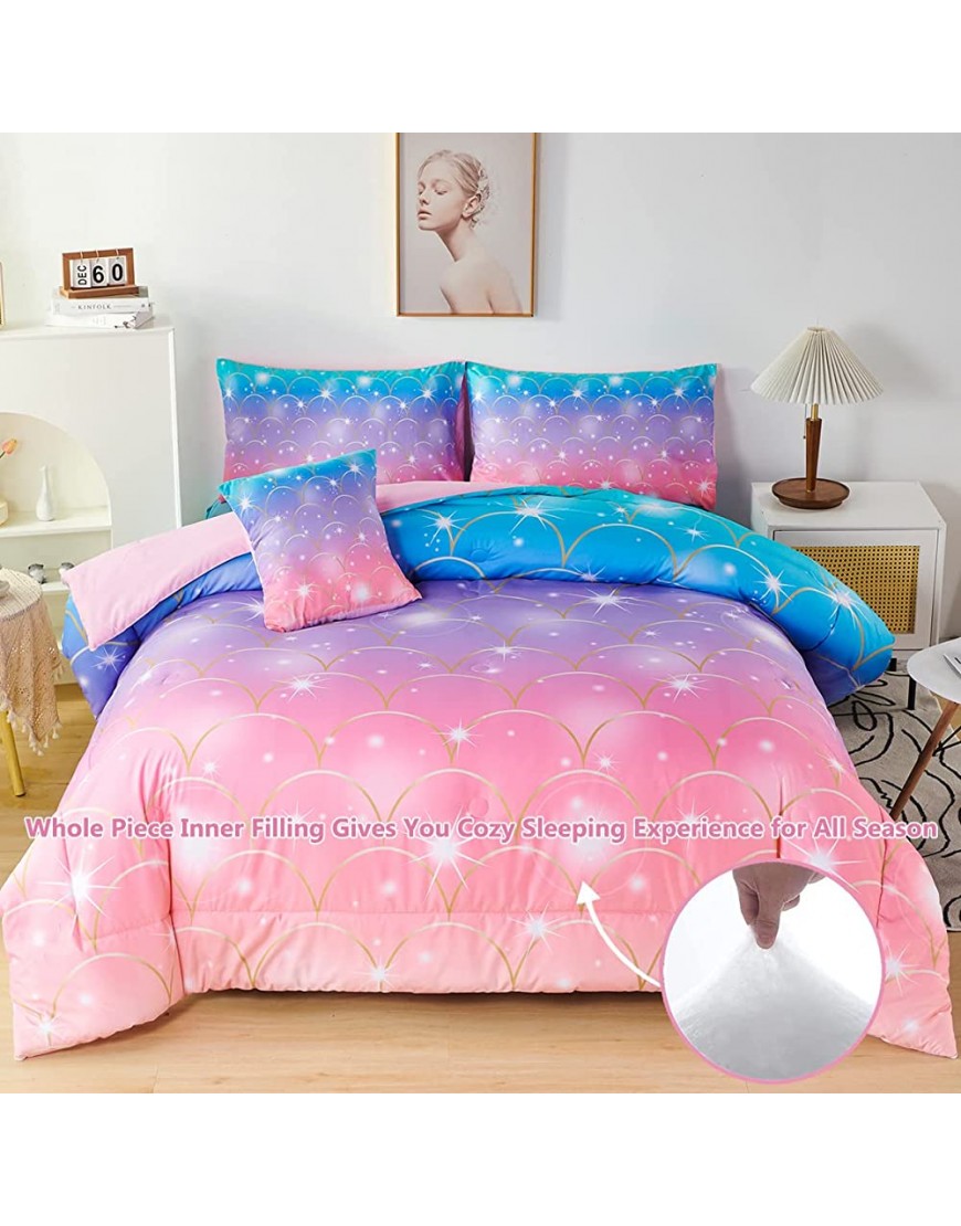 PERFEMET Purple Mermaid Comforter Set Twin 6 Pieces Rainbow Glitter Girls Bedding Set Colorful Ombre Bed in A Bag for Kids Teens Adults Purple Pink Twin Size - B3HUCN9SK