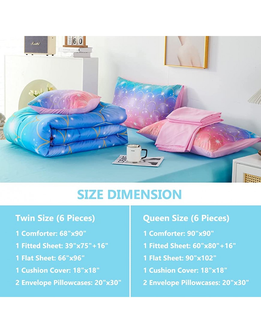 PERFEMET Purple Mermaid Comforter Set Twin 6 Pieces Rainbow Glitter Girls Bedding Set Colorful Ombre Bed in A Bag for Kids Teens Adults Purple Pink Twin Size - B3HUCN9SK
