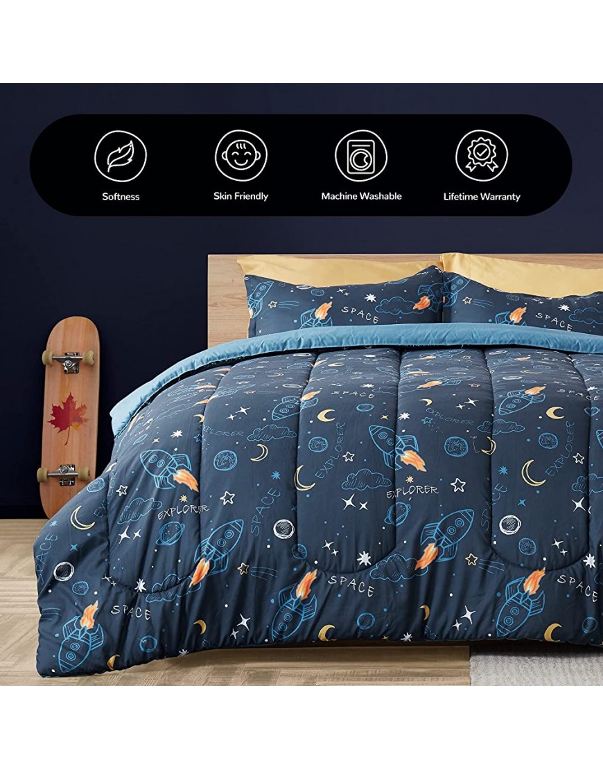 SLEEP ZONE Kids Super Soft Full Queen Comforter Set 3 Piece with 2 Pillow Shams Cute Printed Easy Care Fade Resistant Space Rocket Full Queen - B8G5XDFBN