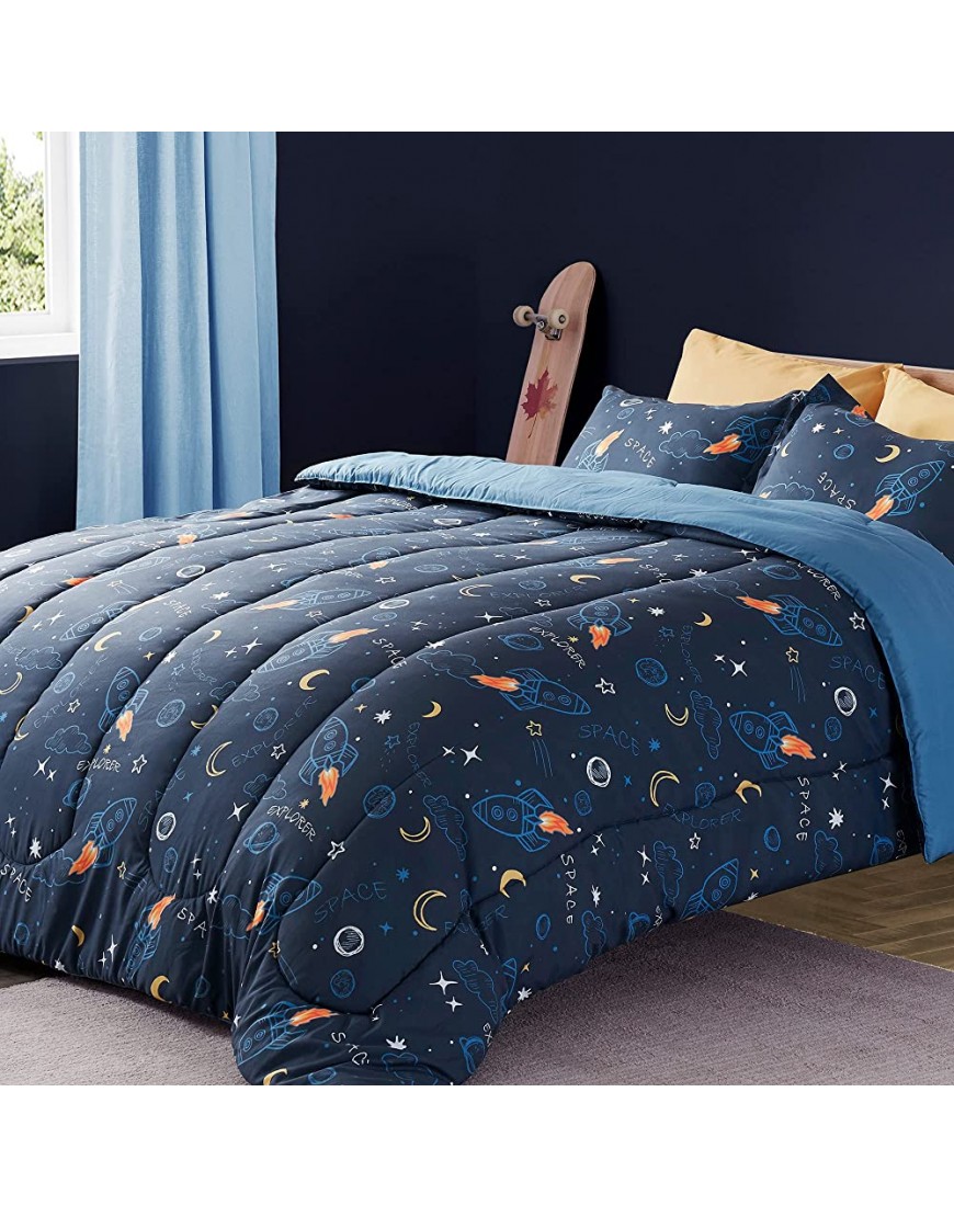 SLEEP ZONE Kids Super Soft Full Queen Comforter Set 3 Piece with 2 Pillow Shams Cute Printed Easy Care Fade Resistant Space Rocket Full Queen - B8G5XDFBN