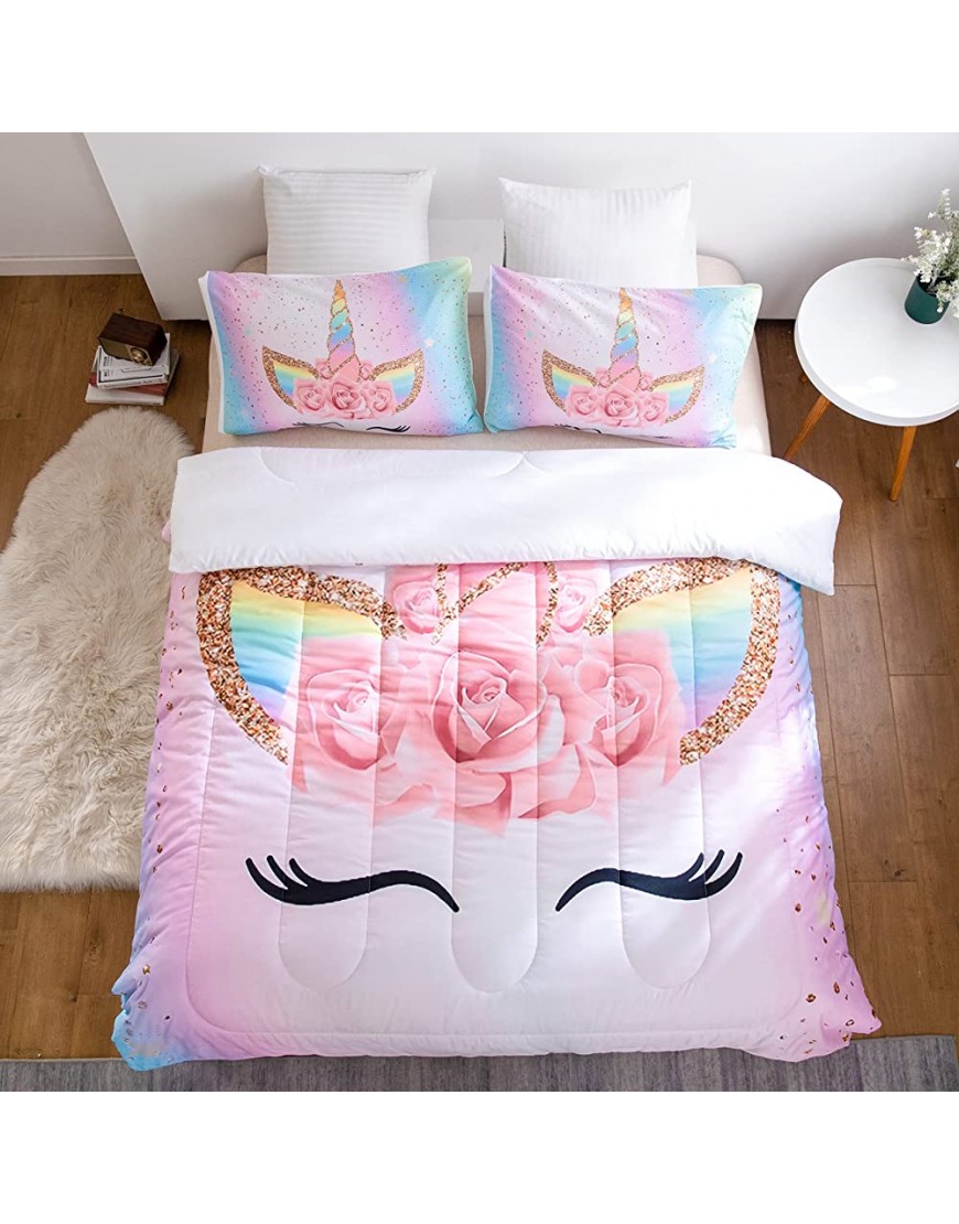 Unicorn Bedding Flower Comforter Set Twin Size Soft Bed Sets Pink Bedroom Decor for Girls and Kids（1 Comforters and 1 Pillowcase） - BNY03QU8E
