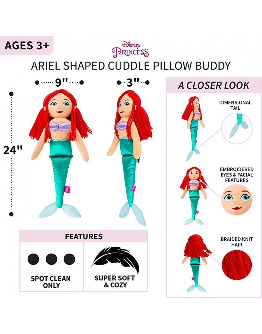 Franco Kids Bedding Super Soft Plush Cuddle Pillow Buddy One Size Disney Princess Ariel The Little Mermaid - BYMG0TR9G