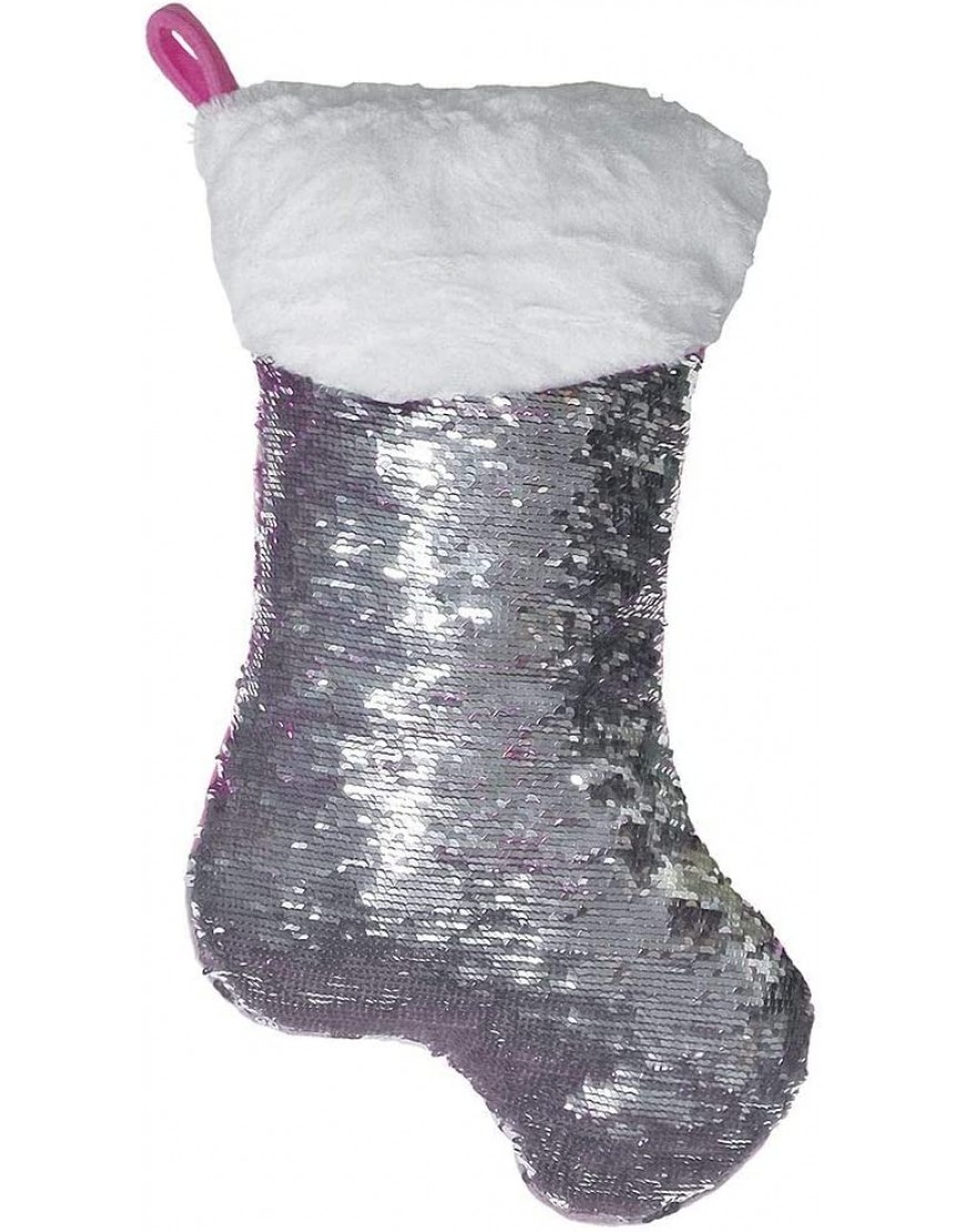 iscream Stocking Shaped Reversible Pink and Silver Sequin and Faux Fur 16 Zippered Storage Pillow - B4O986MMD