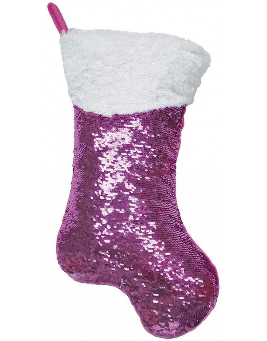 iscream Stocking Shaped Reversible Pink and Silver Sequin and Faux Fur 16" Zippered Storage Pillow - B4O986MMD