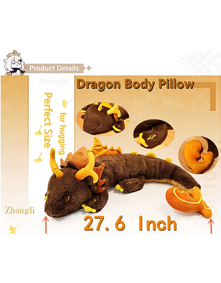 Set Plushie Genshin Impact Zhong Li Dragon 27.6 Inch Hugging Pillow and Cute Kawaii Zhongli Keychain Soft Stuffed Animal for Fans Kids Birthday Gifts - BO2V3K1I2