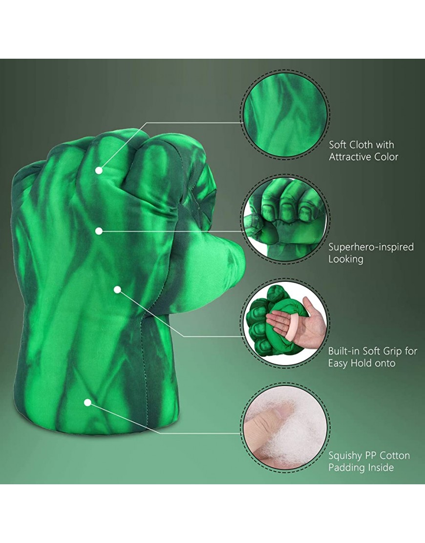 Toydaze Incredible Smash Fists Punching Gloves Plush Hands Stuffed Pillow Handwear Kids Cosplay Costumes Gloves Superhero Toys for Boys Toddlers Birthday Halloween Christmas Xmas Gifts Green - B6D87K8SG