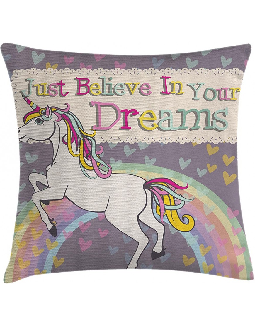 Ambesonne Feminine Throw Pillow Cushion Cover Unicorn with Believe in Your Dreams Words Illustration Decorative Square Accent Pillow Case 18 X 18 Beige Lilac - BU05G2SVT