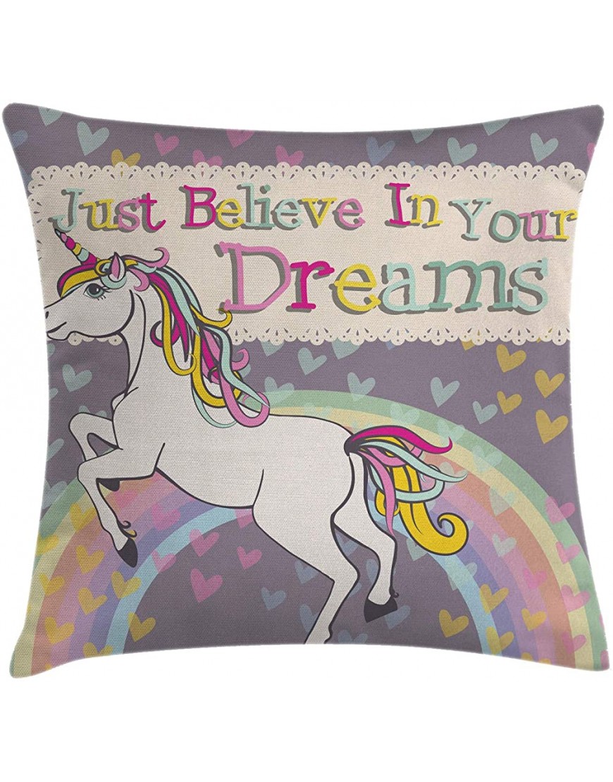 Ambesonne Feminine Throw Pillow Cushion Cover Unicorn with Believe in Your Dreams Words Illustration Decorative Square Accent Pillow Case 18" X 18" Beige Lilac - BU05G2SVT