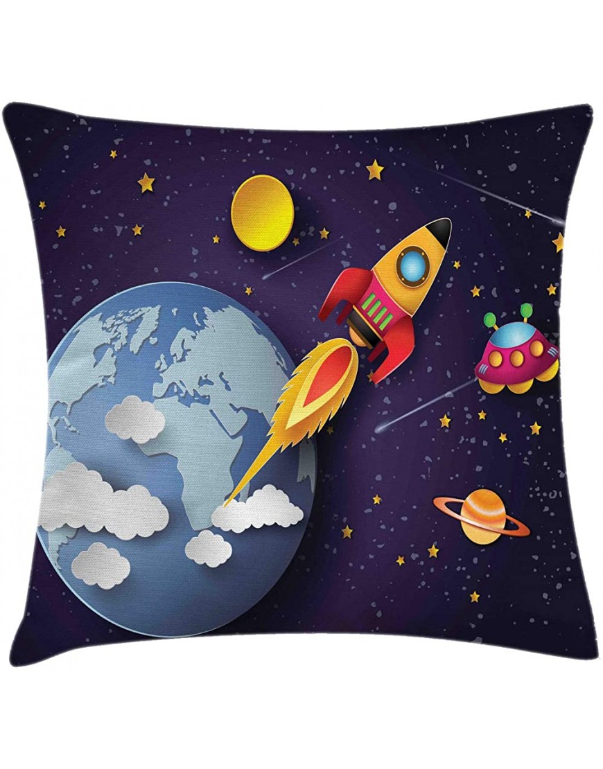 Ambesonne Outer Space Throw Pillow Cushion Cover Rocket on Planetary System with Earth Stars UFO Saturn Sun Galaxy Boys Print Decorative Square Accent Pillow Case 16 X 16 Indigo White - B6OOIO3IZ