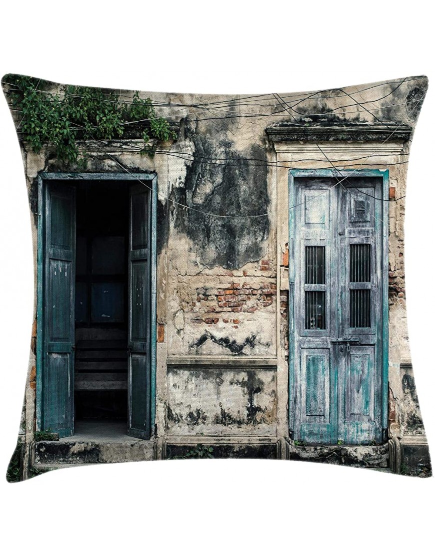 Ambesonne Rustic Throw Pillow Cushion Cover Doors of Old Rock House with French Frame Details in Countryside European Past Theme Decorative Square Accent Pillow Case 20" X 20" Teal Grey - BHDLCEPDI