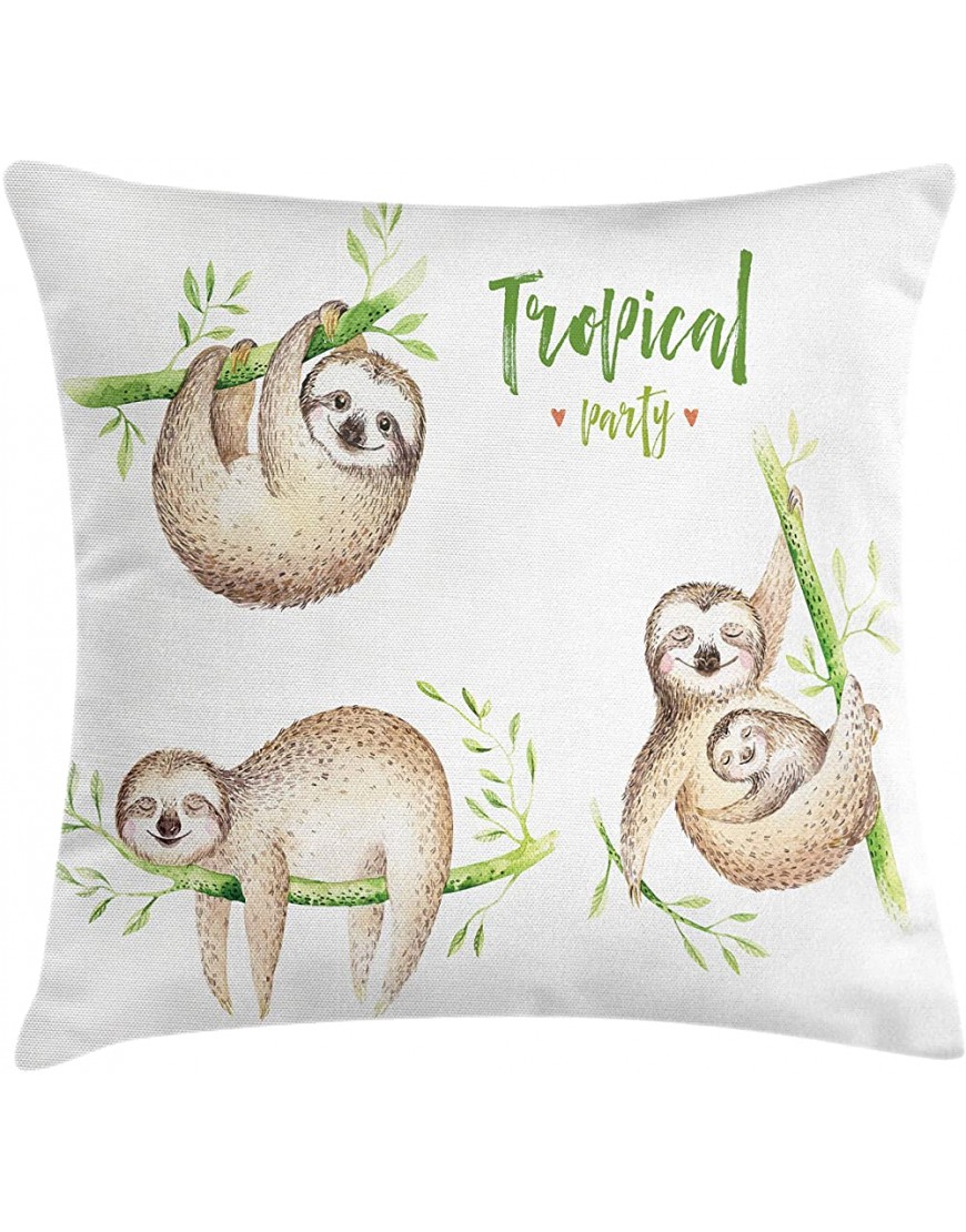 Ambesonne Sloth Throw Pillow Cushion Cover Babies in Tropical Nature Theme Exotic Palm Tree Leaves Nursery Aloha Decorative Square Accent Pillow Case 18" X 18" Brown Green - BA3OEMM2G
