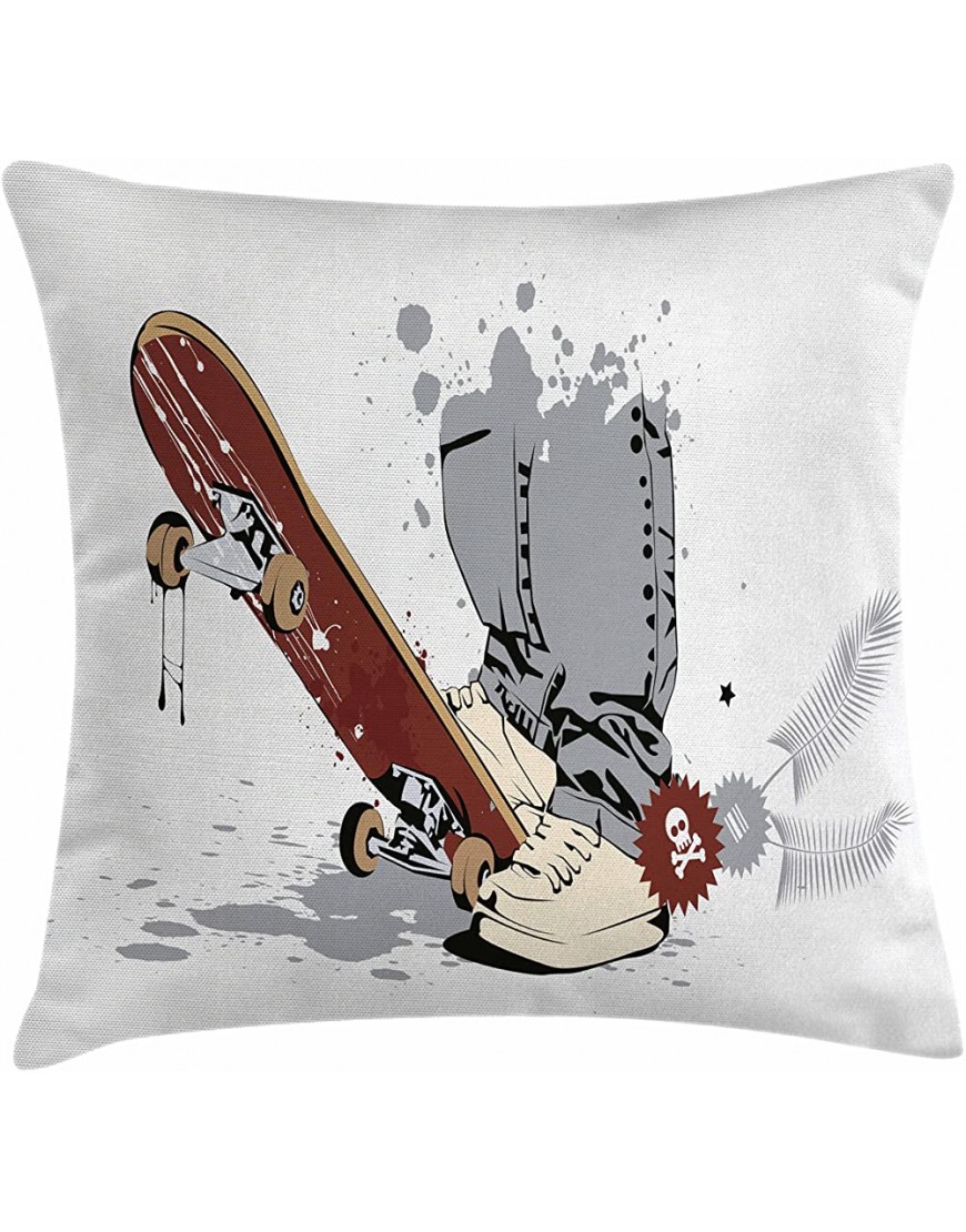 Ambesonne Teen Room Throw Pillow Cushion Cover Skateboard with Boy Feet in The Sneakers and Jeans Illustration Decorative Square Accent Pillow Case 18 X 18 Grey Cream - BFK11VBL6