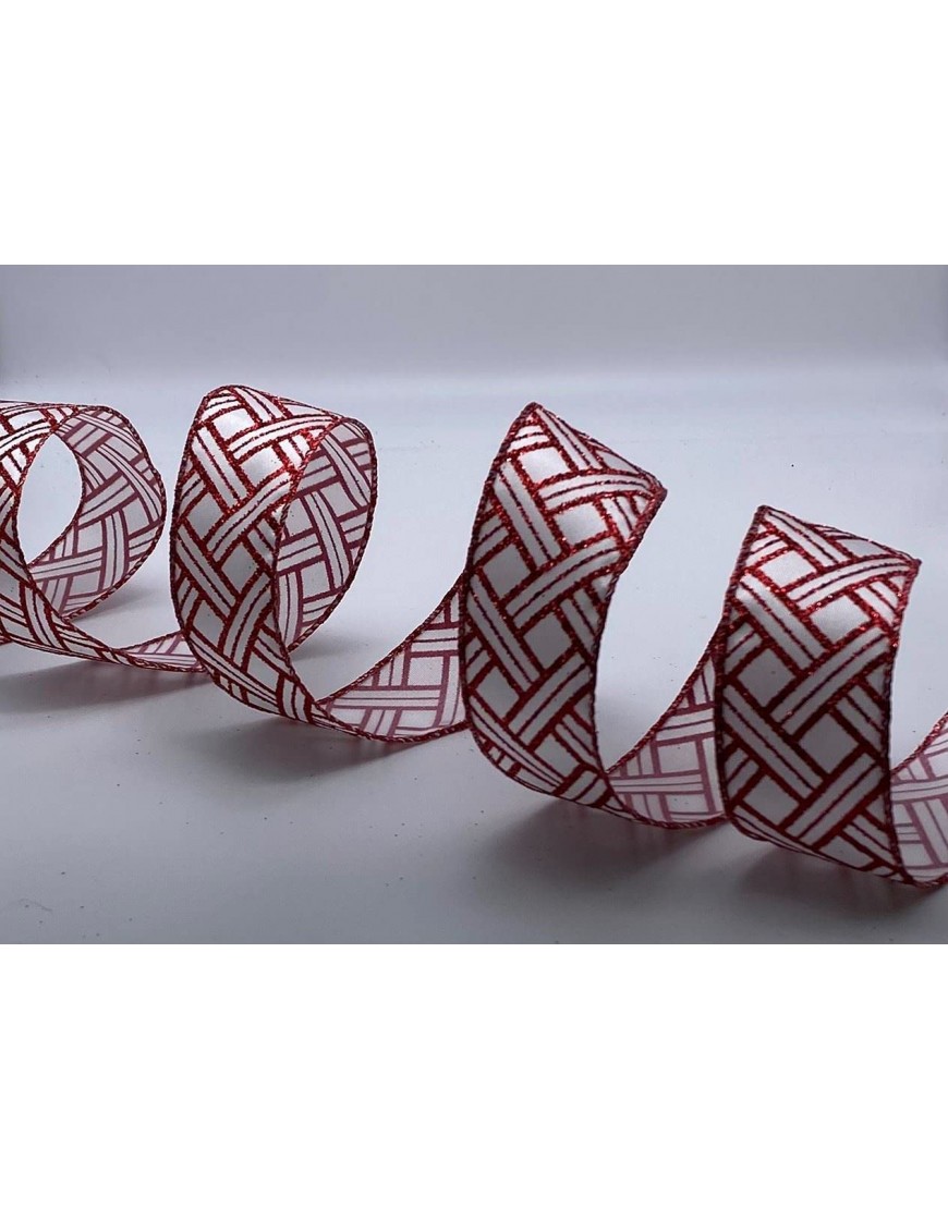 Kooky Kids Christmas Wire Edged Ribbon 1.5 inches Wide Full Roll White with Red Crossed Glitter - BKFPXQDQC