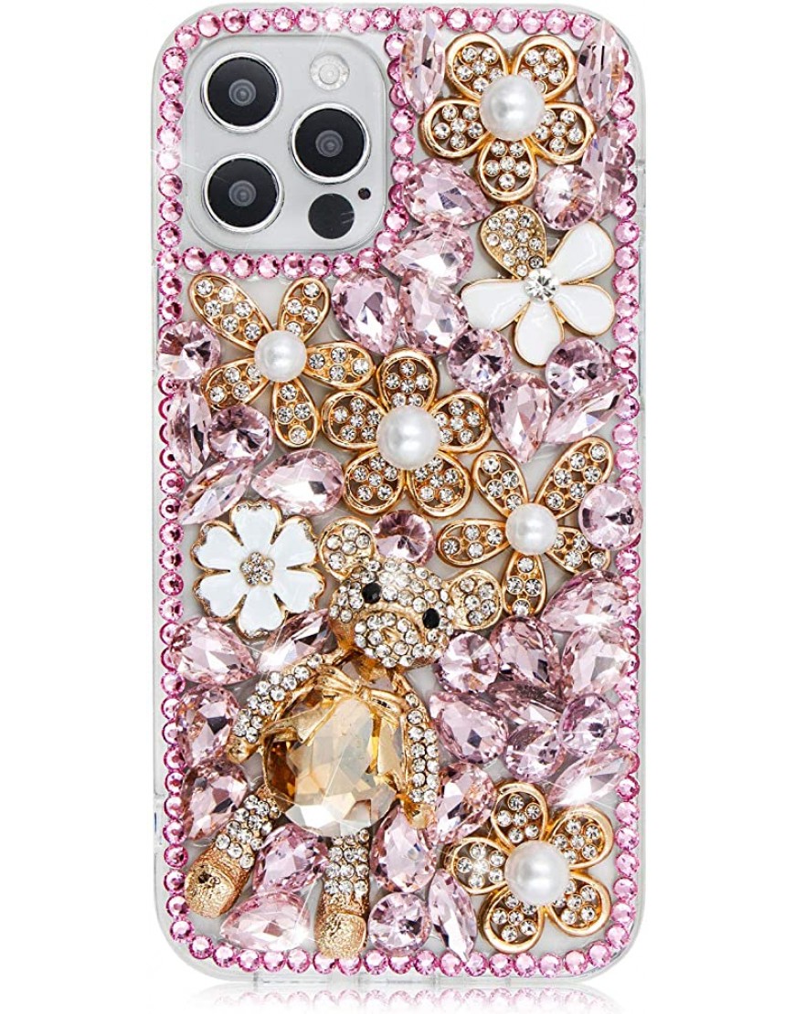 MIOKY Bling Cute Bear Case for Samsung Galaxy A13 5G,Shiny 3D Handmade Diamond Crystal Rhinestone Pearl Flower Design,Clear Hard Back Shell Soft Silicone Edge Protective Case Cover,Pink - BNXUEPN1Y