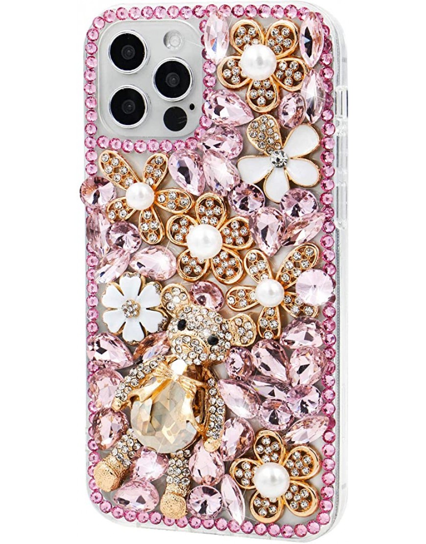 MIOKY Bling Cute Bear Case for Samsung Galaxy A13 5G,Shiny 3D Handmade Diamond Crystal Rhinestone Pearl Flower Design,Clear Hard Back Shell Soft Silicone Edge Protective Case Cover,Pink - BNXUEPN1Y