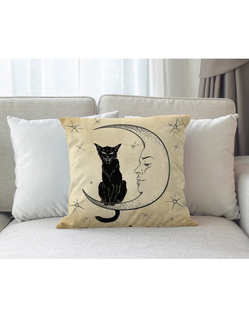 Moslion Cats Moon Throw Pillow Cover Pillow Case Black Cat Sits on The Moon Face Star Cotton Linen Pillow Case 18 x 18 Inch Cushion Cover for Sofa Living Room Light Brown - BJJEKAHOG