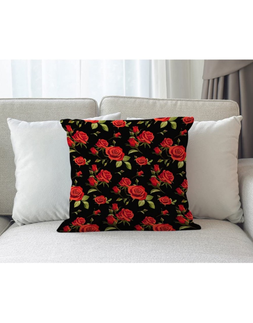 Moslion Rose Pillows Decorative Throw Pillow Cover Case Love Flower Roses with Leaves Cotton Linen Pillow Case 18x18 Inch Square Cushion Cover for Sofa Bedroom Red Black Green - BO79SJJ4B