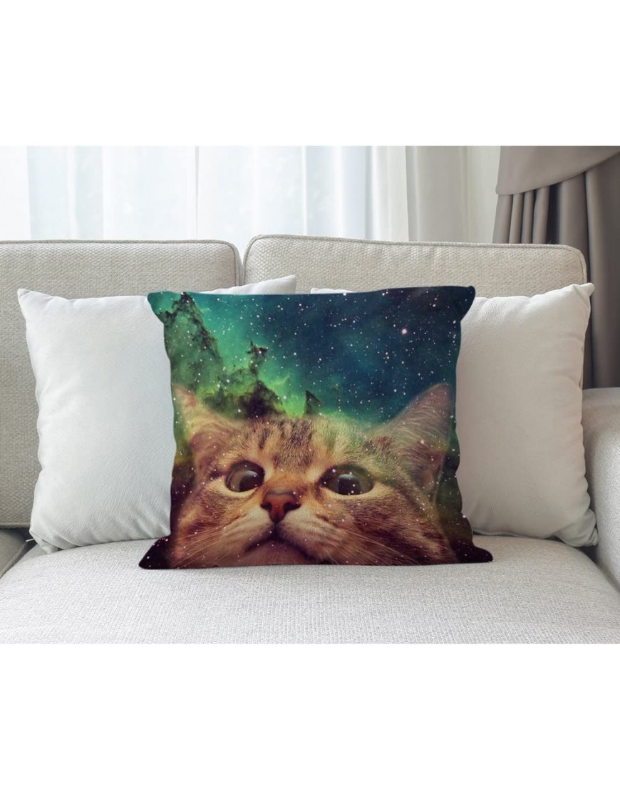 Moslion Space Cat Pillow Case Home Decorative Funny Hipster Cat on The Galaxy Throw Pillow Case 18 x 18 Inch Cotton Linen Cushion Cover for Men Women Green Brown - BCUS6QDPW