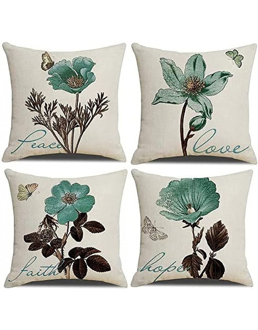 Xiying Set of 4 Spring Teal Flower Throw Pillow Covers 18x18 Inch Decorative Couch Pillow Cases Cotton Linen Case Square Cushion Covers for Living Room Bed Sofa and Car White - BVFCLZ6MC