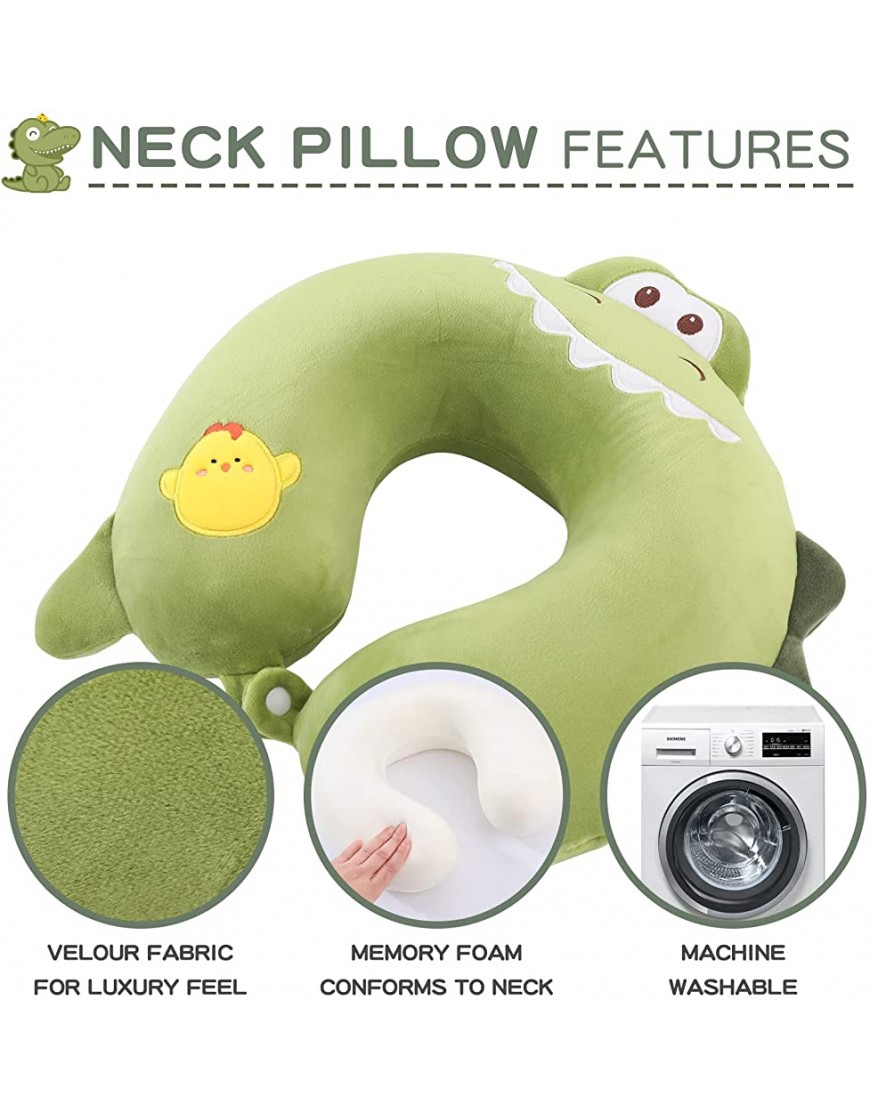 100% Pure Memory Foam Dinosaur Travel Pillow Kids Neck Pillow for Traveling Accessory for Airplane Travel Road Trip Neck Chin Support Stops Head from Falling Forward Washable - B4SE0A7P1
