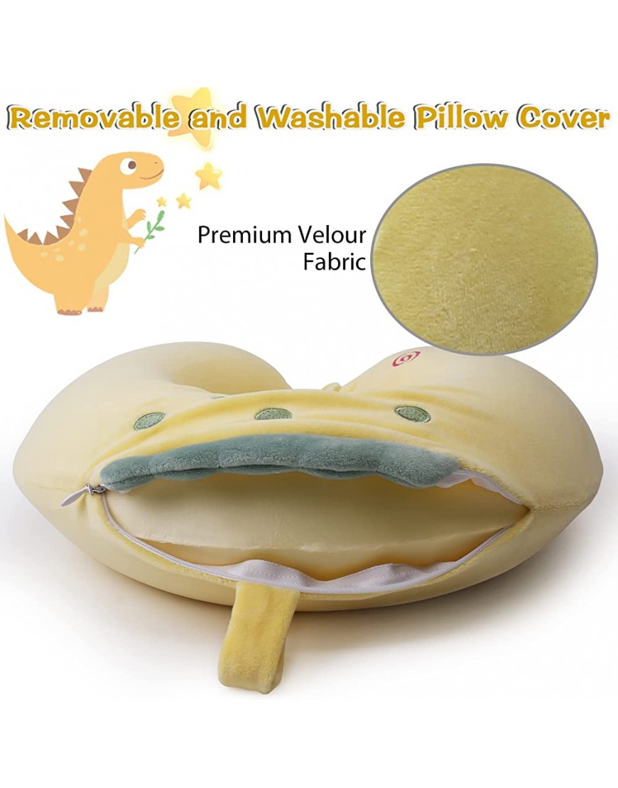 Kids Travel Pillow,Dinosaur Memory Foam Travel Neck Pillow with Snap,U-Shaped Airplane Car Flight Head Neck Support Pillow with Washable Cover for Adults Toddler,Gifts for Children,Boys,Girls Yellow - BULNTCMXY