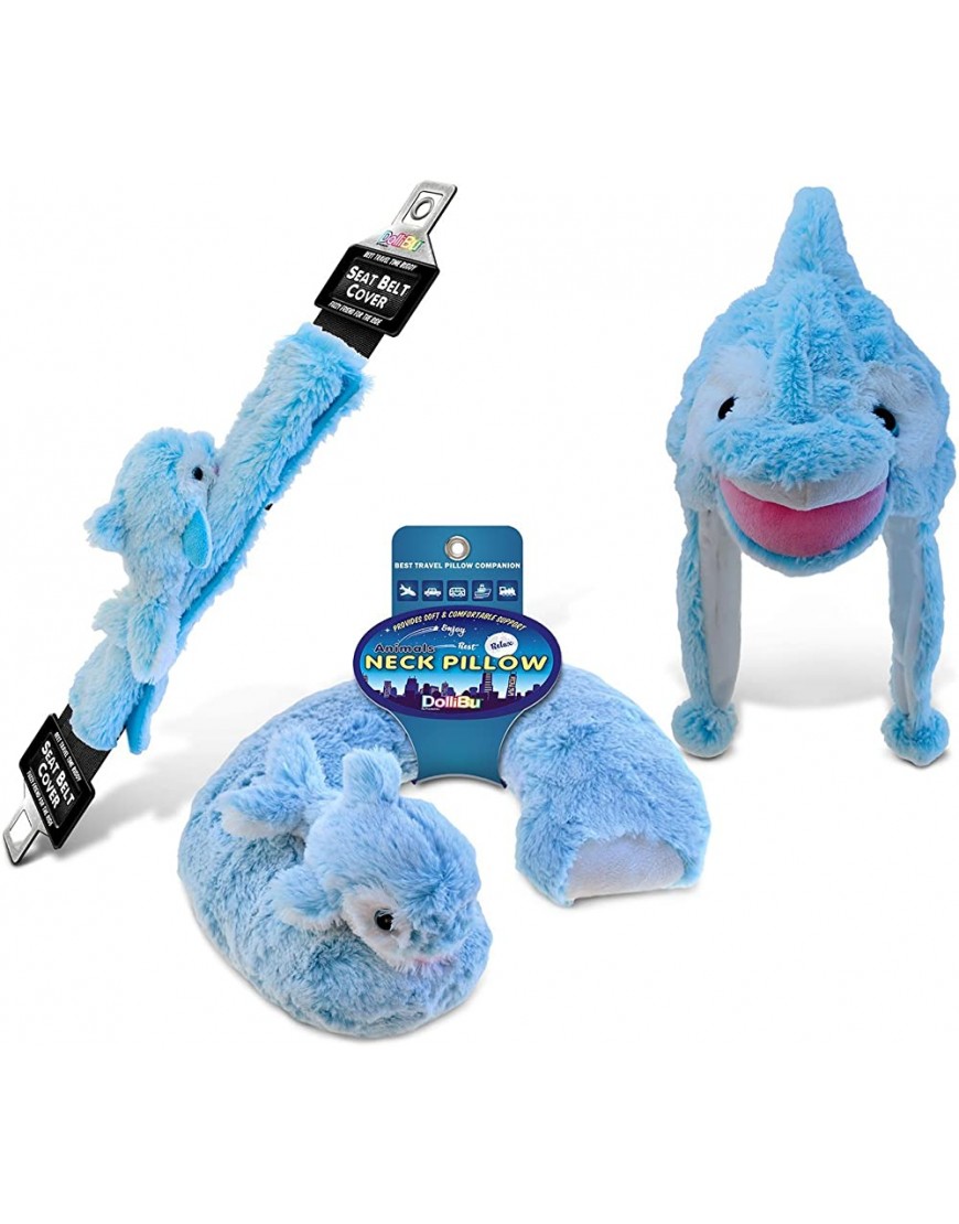 Puzzled Dolphin Collection Super Soft Plush Neck Pillow Hat and Safety Belt Set of 3 - B7VA2LSOT