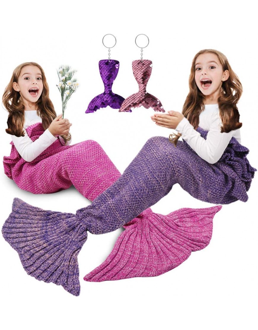 AmyHomie Kids Mermaid Tail Blanket Soft Crochet Sleeping Snuggle Blanket for Teen Girls Fish Scale Pattern All Seasons Girls' Blankets Gift Idea2 PCS - BNM15N1AV