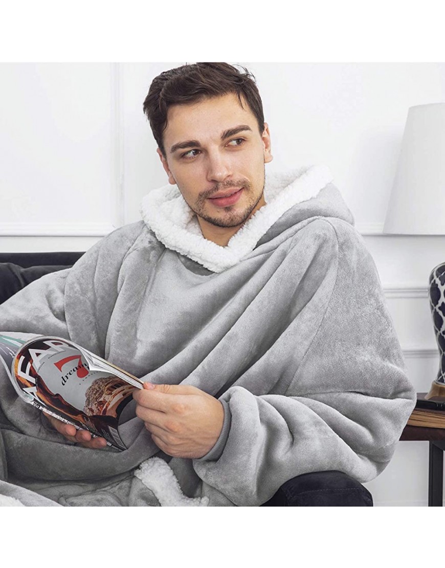 Bedsure Wearable Blanket Hoodie for Women Men Kids Grey Hooded Blanket Sweatshirt Adult with Deep Pocket and Elastic Sleeve Warm Fleece Sherpa Blanket Jacket - BUVCCZXZX