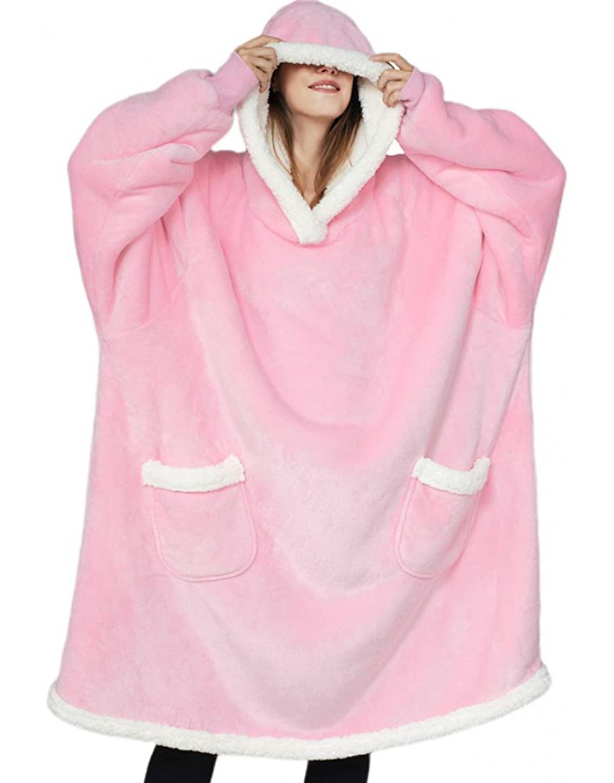 Bedsure Wearable Blanket Sherpa Blanket Hoodie Standard Blanket Sweatshirt with Deep Pockets and Sleeves for Adults Kids Teen Pink - BI0YP6PKR