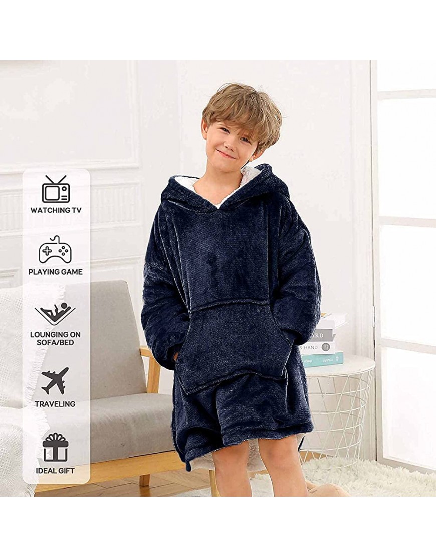 Blanket Hoodie Oversized Wearable Sweatshirt Blankets of Soft Sherpa Plush for Kids Boys Girls Cozy Warm Giant Hooded Snuggle Sweater with Front Pocket Blue - BOXRYX079